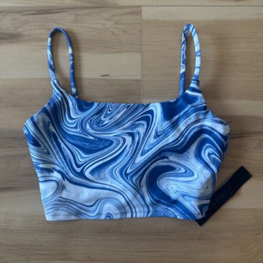 Carbon38 Long Line Printed Cami Marble Swirl Blue‎ White Sports Bra Sz Small NWT